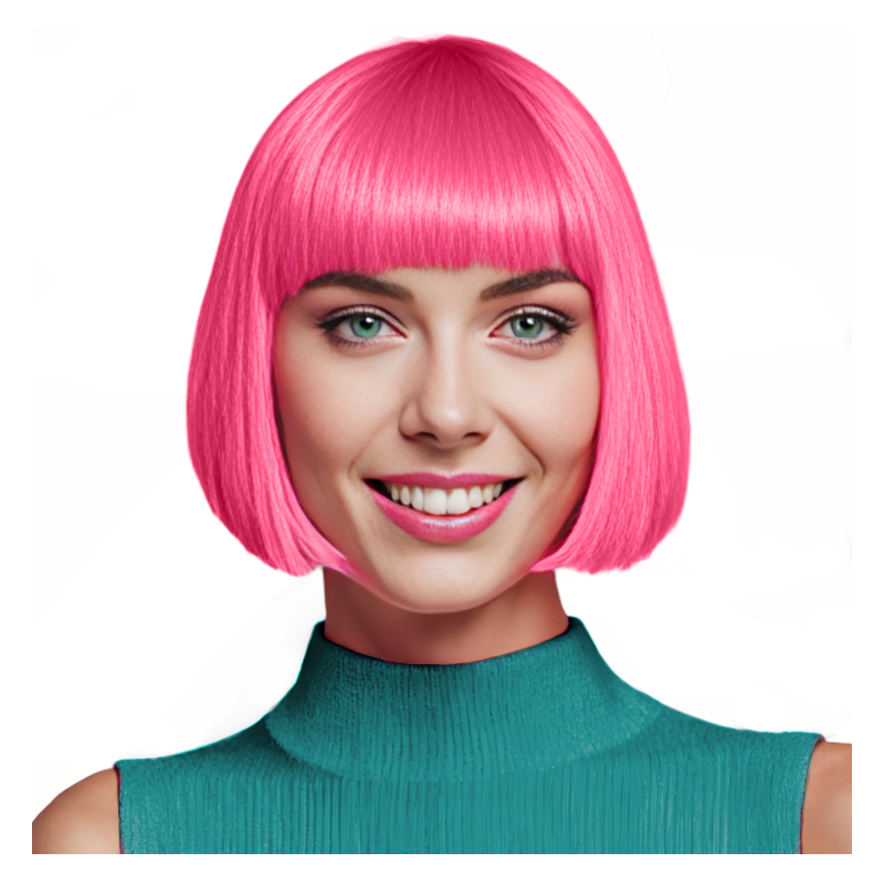 Bob-Cut Straight Fringe Cosplay Wig With Cap - Bright Pink Bob-Cut Straight Fringe Cosplay Wig With Cap - Bright Pink