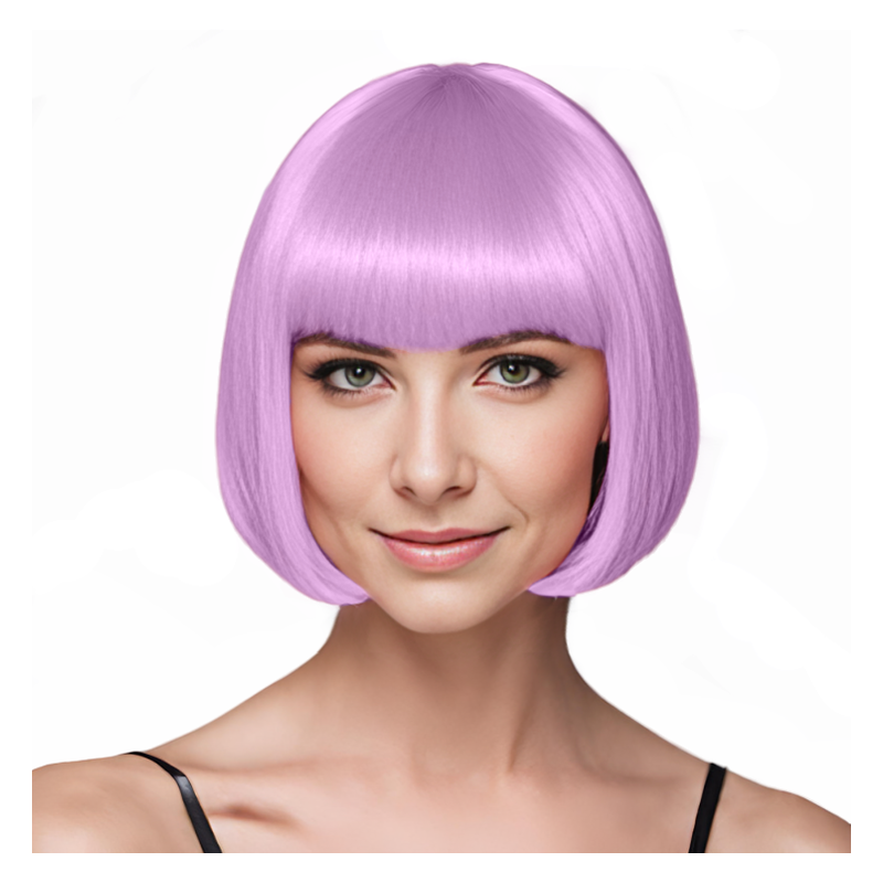 Bob-Cut Straight Fringe Cosplay Wig With Cap - Lilac