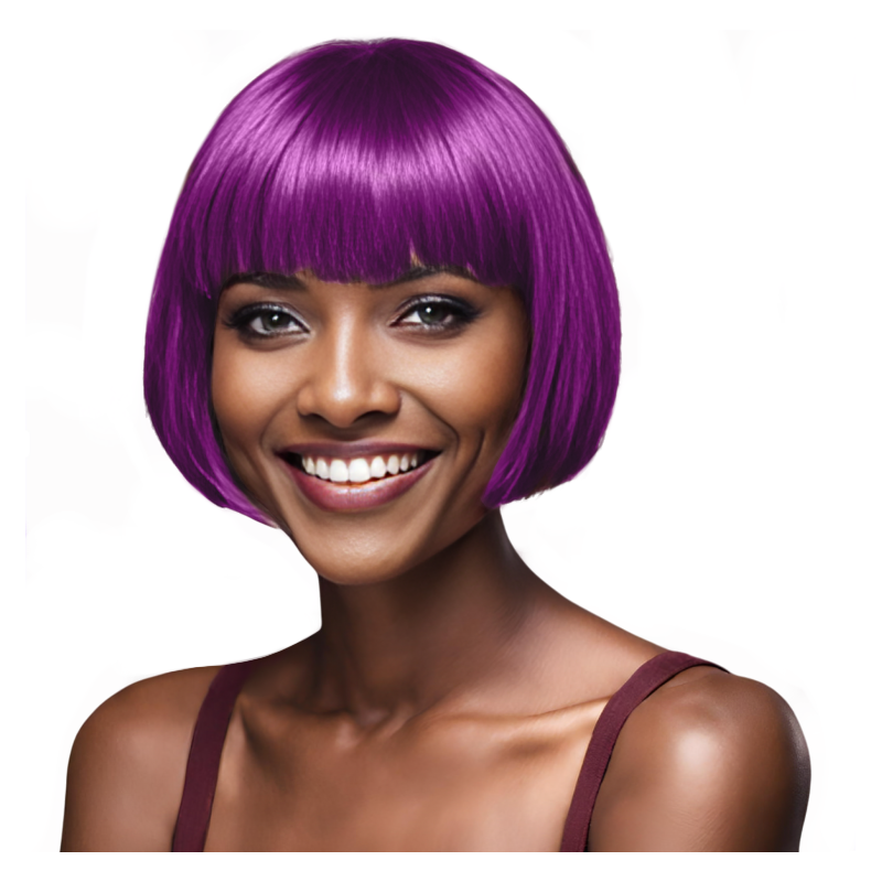 Bob-Cut Straight Fringe Cosplay Wig With Cap - Magenta