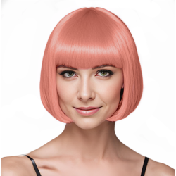 Bob-Cut Straight Fringe Cosplay Wig With Cap - Peach Pink