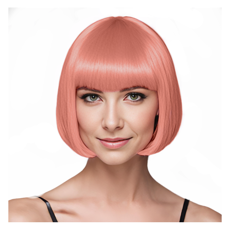 Bob-Cut Straight Fringe Cosplay Wig With Cap - Peach Pink Bob-Cut Straight Fringe Cosplay Wig With Cap - Peach Pink