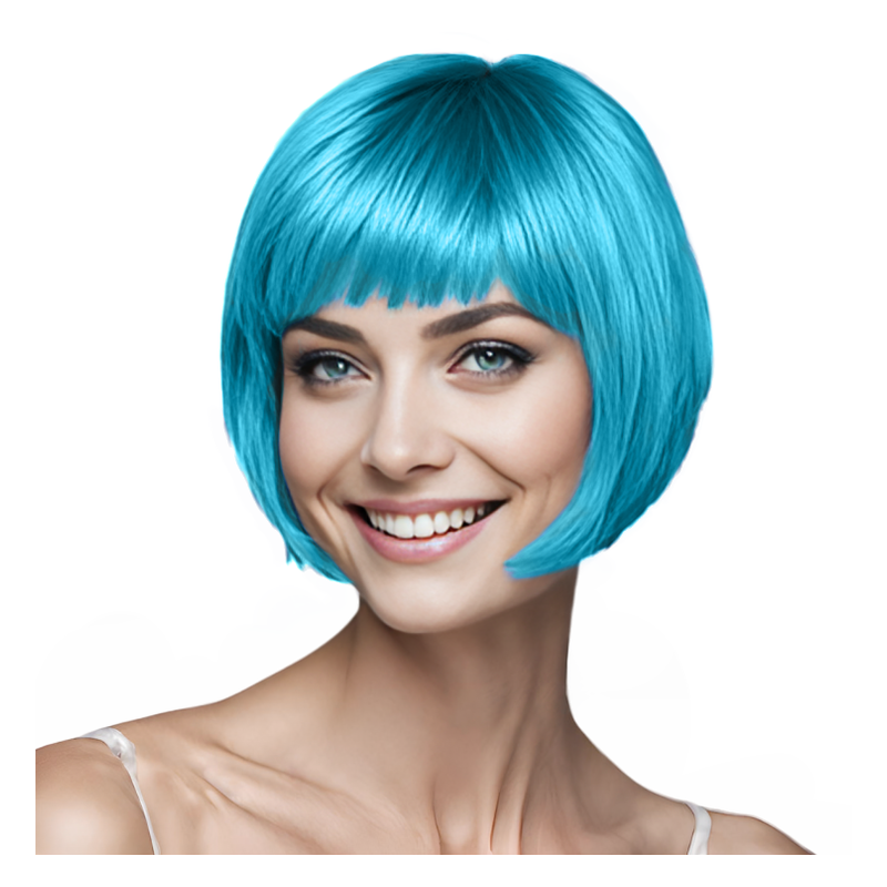 Bob-Cut Straight Fringe Cosplay Wig With Cap - Sky Blue