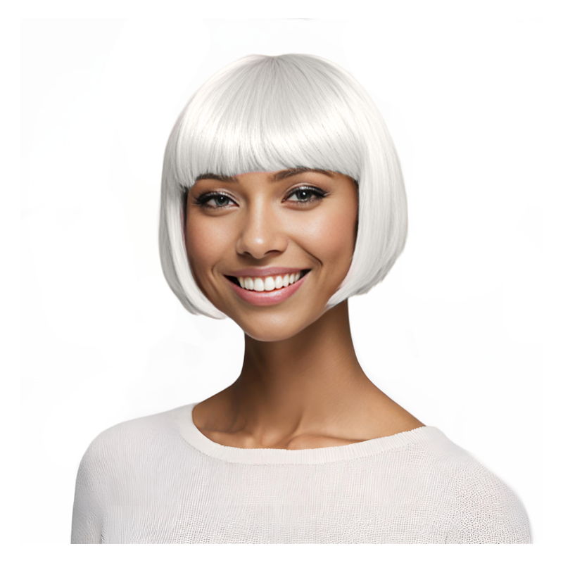 Bob-Cut Straight Fringe Cosplay Wig With Cap - White