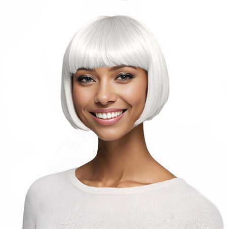Bob-Cut Straight Fringe Cosplay Wig With Cap - White