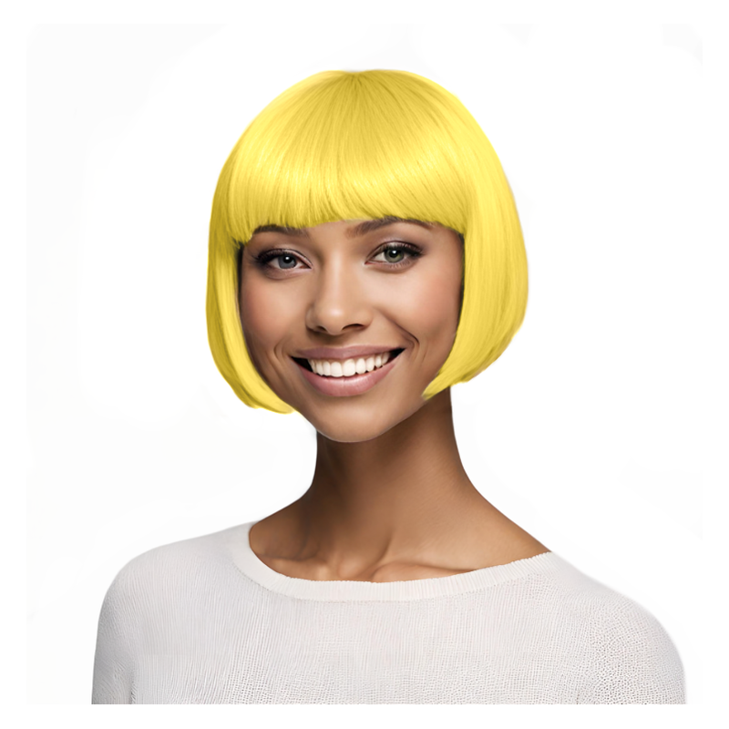 Bob-Cut Straight Fringe Cosplay Wig With Cap - Yellow