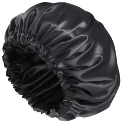 Silk-Lined Shower Cap – Reusable, Adjustable, Washable & Waterproof | Large Size | Black