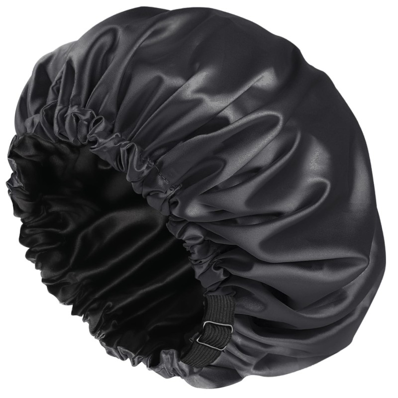 Silk-Lined Shower Cap – Reusable, Adjustable, Washable & Waterproof | Large Size | Black