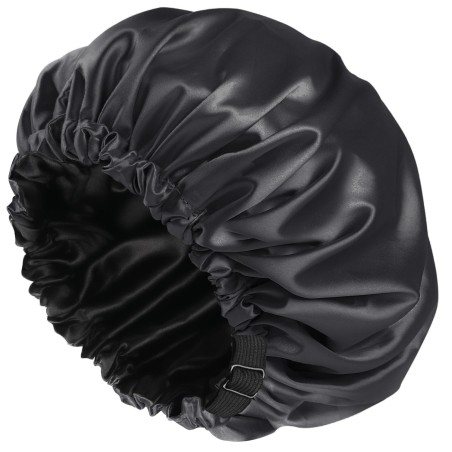 Silk-Lined Shower Cap – Reusable, Adjustable, Washable & Waterproof | Large Size | Black