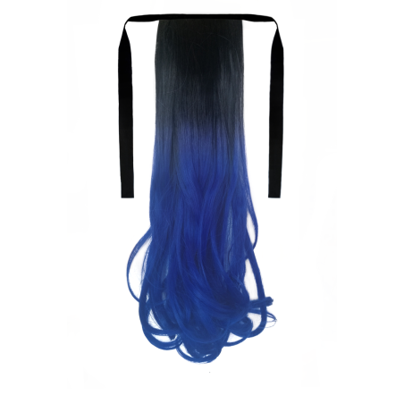 Tie-On Wavy Ombre Ponytail 55cm with Ribbons & Clip - 1-Blue