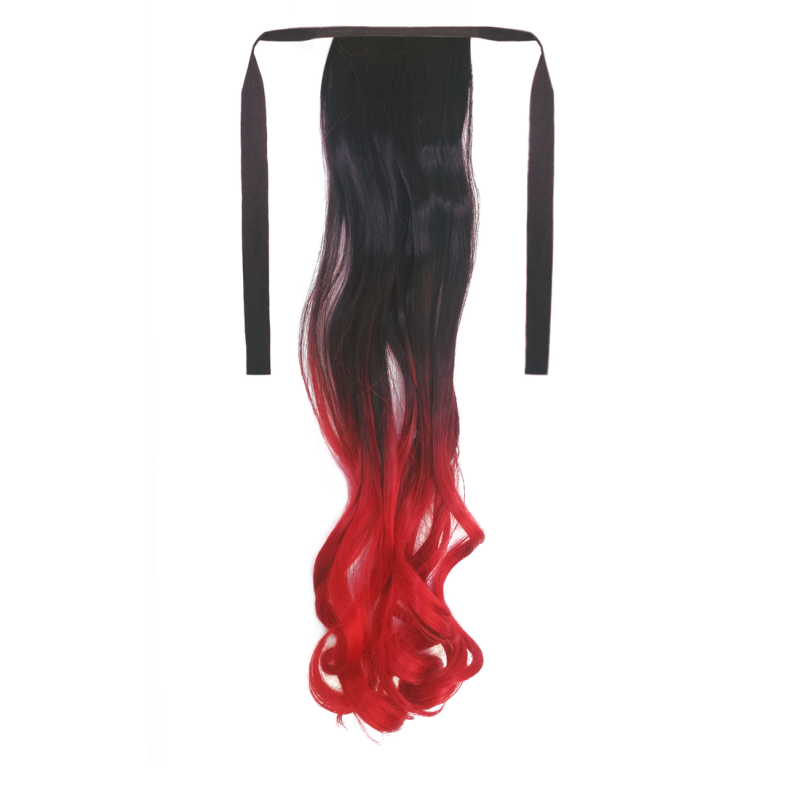 Tie-On Wavy Ombre Ponytail 55cm with Ribbons & Clip - 1-Red Tie-On Wavy Ombre Ponytail 55cm with Ribbons & Clip - 1-Red