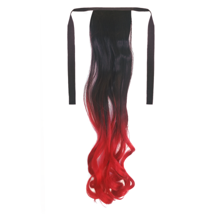 Tie-On Wavy Ombre Ponytail 55cm with Ribbons & Clip - 1-Red