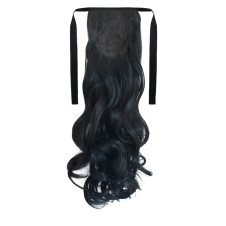 Tie-On Wavy Ponytail 55cm With Ribbons & Clip - 1 Jet Black