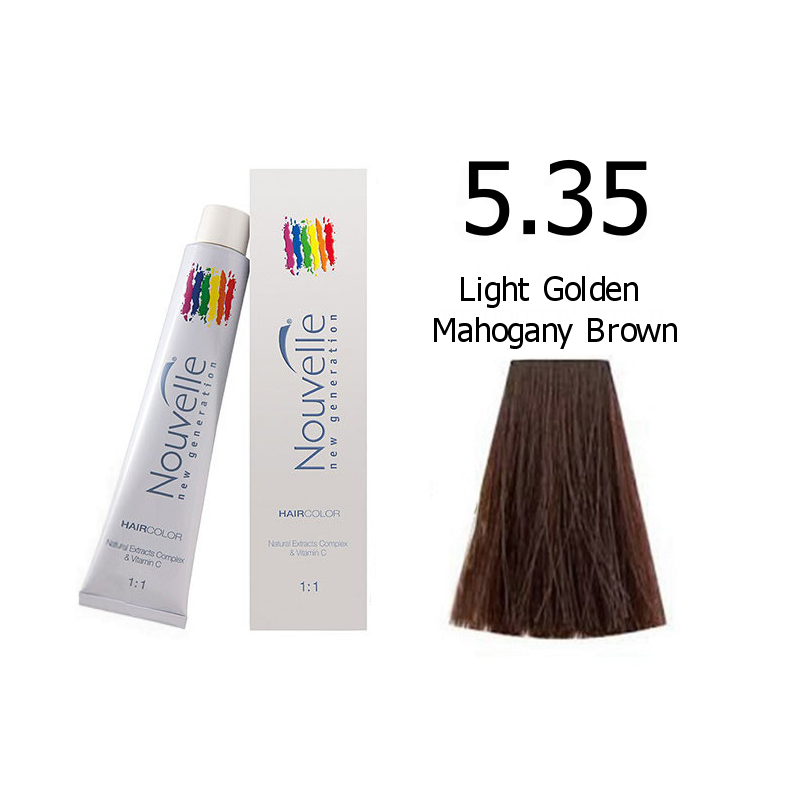 Nouvelle Professional Permanent Hair Tint Dye 100ml + 100ml 20vol developer - 5.35 Light golden mahogany brown