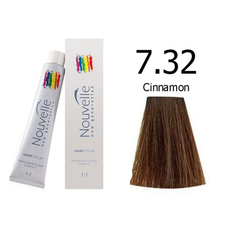 Nouvelle Professional Permanent Hair Tint Dye 100ml + 100ml 20vol developer - 7.32 Cinnamon