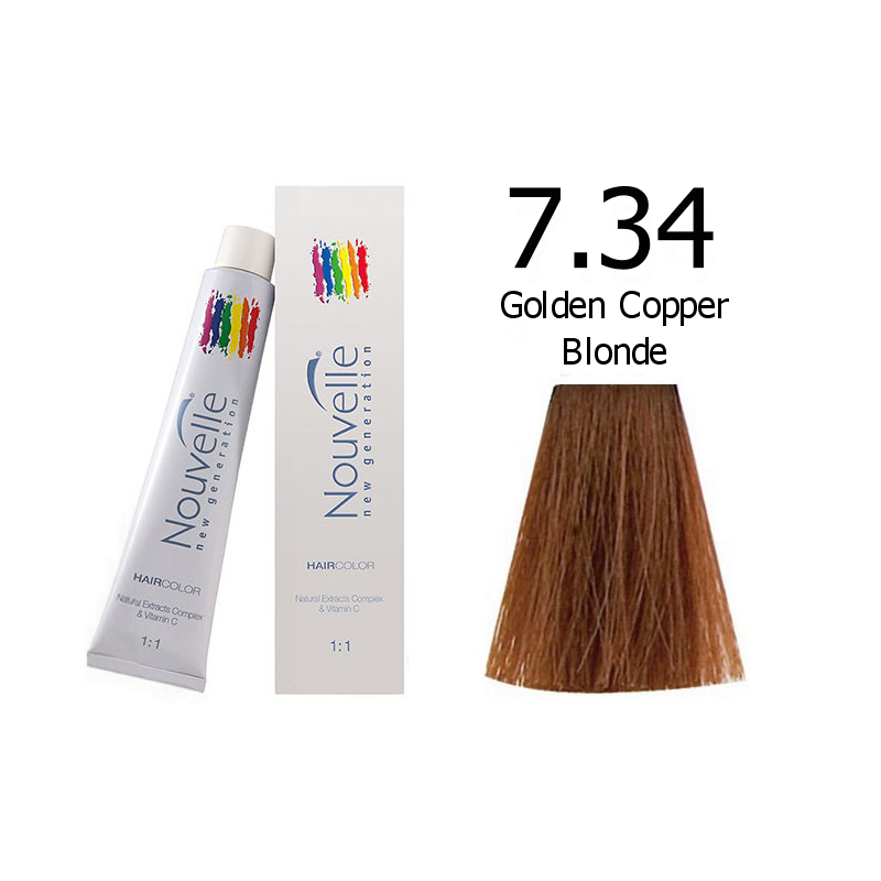 Nouvelle Professional Permanent Hair Tint Dye 100ml + 100ml 20vol developer - 7.34 Golden copper blonde