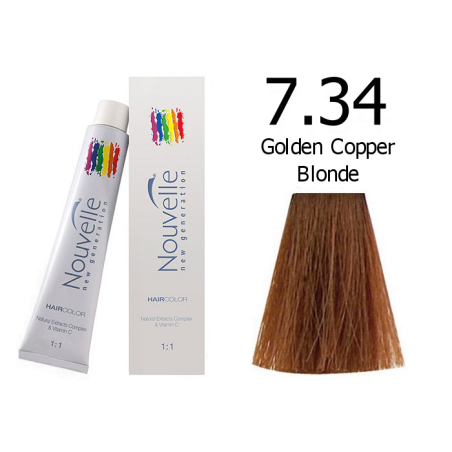 Nouvelle Professional Permanent Hair Tint Dye 100ml + 100ml 20vol developer - 7.34 Golden copper blonde