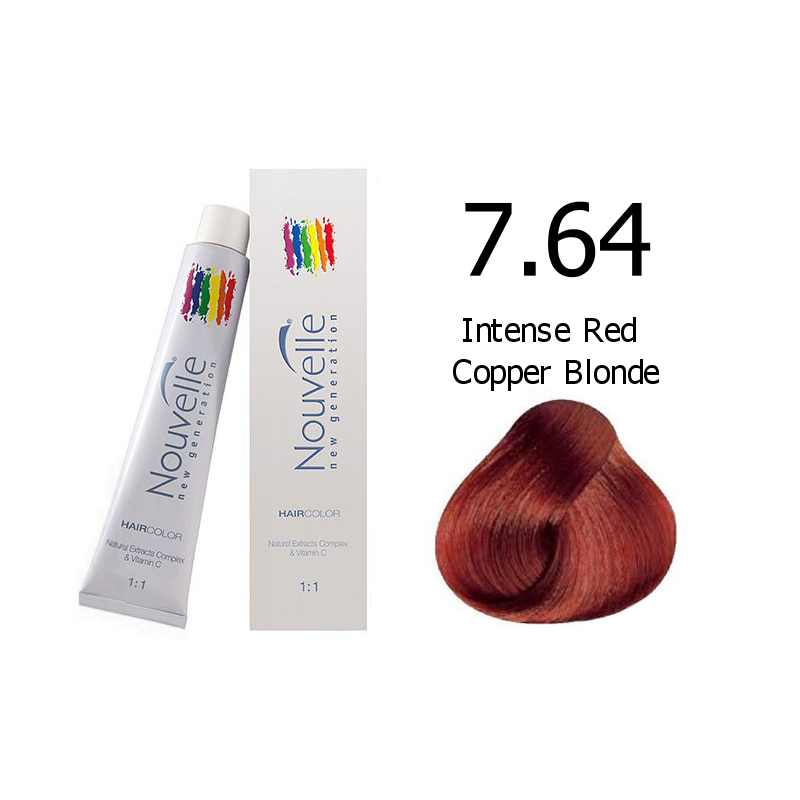 Nouvelle Professional Permanent Hair Tint Dye 100ml + 100ml 20vol developer - 7.64 Intense red copper blonde