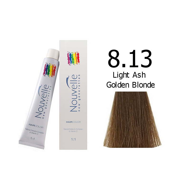Nouvelle Professional Permanent Hair Tint Dye 100ml + 100ml 20vol developer - 8.13 Light ash golden blonde